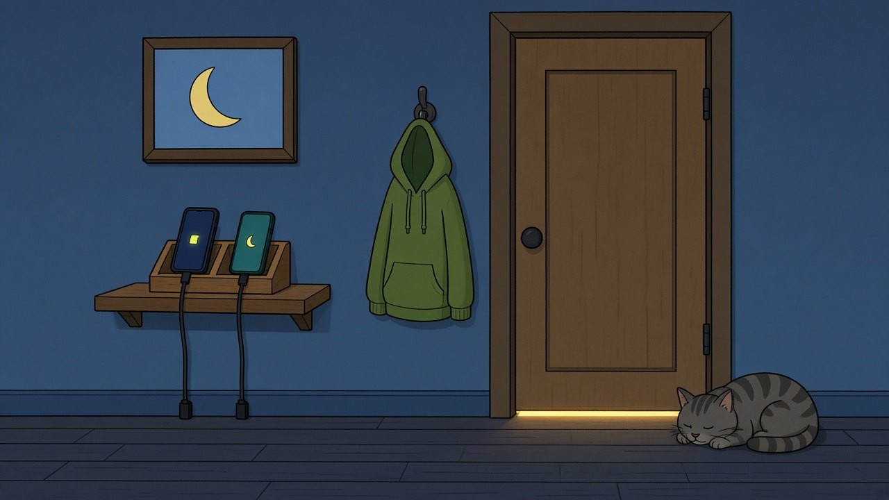 Illustration of two phones charging on a shelf in a dark hallway at night while a cat sleeps by the bedroom door