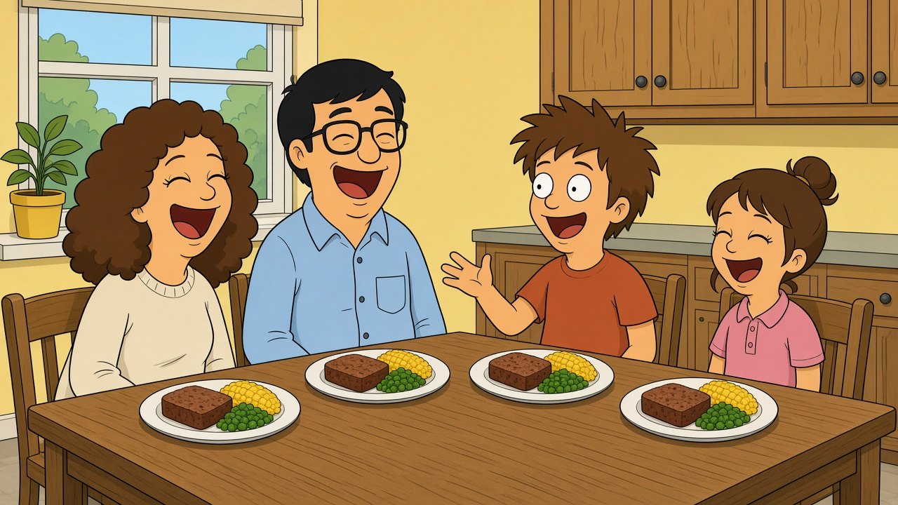 An illustrated family of four laughing together over dinner