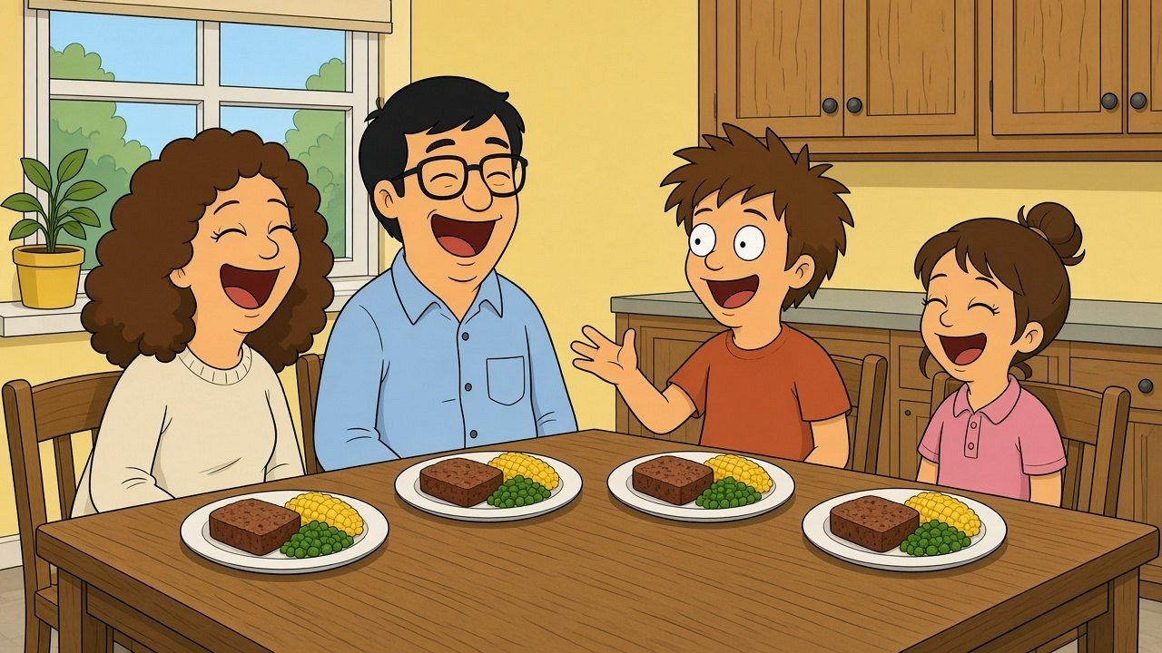 Illustrated family of four laughing together over dinner at the kitchen table