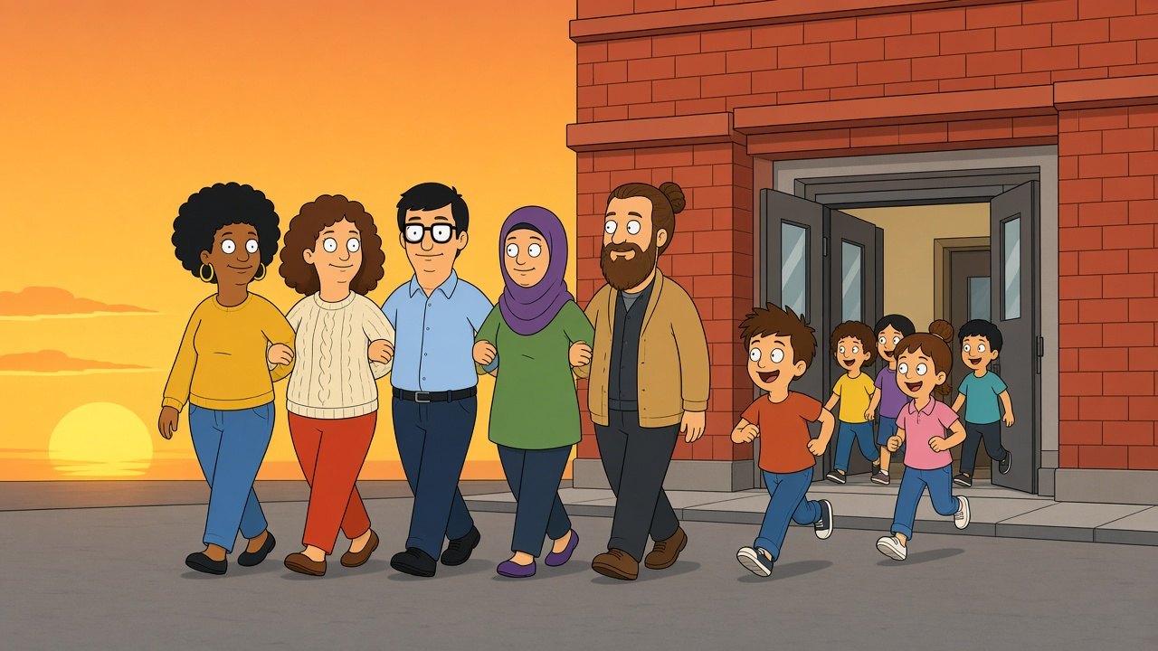 Illustration of five parents standing arm in arm outside a school while kids run out the door