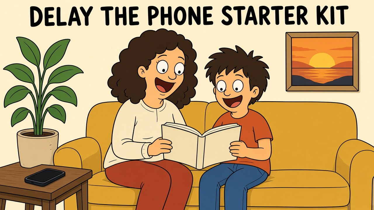 Delay the Phone Starter Kit cover art: a mom and her son laughing over a book on the couch while a phone sits on the side table